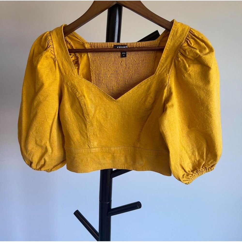 Express Mustard Yellow Linen Blend Puff Sleeve Smocked Back Crop Top Womens XS